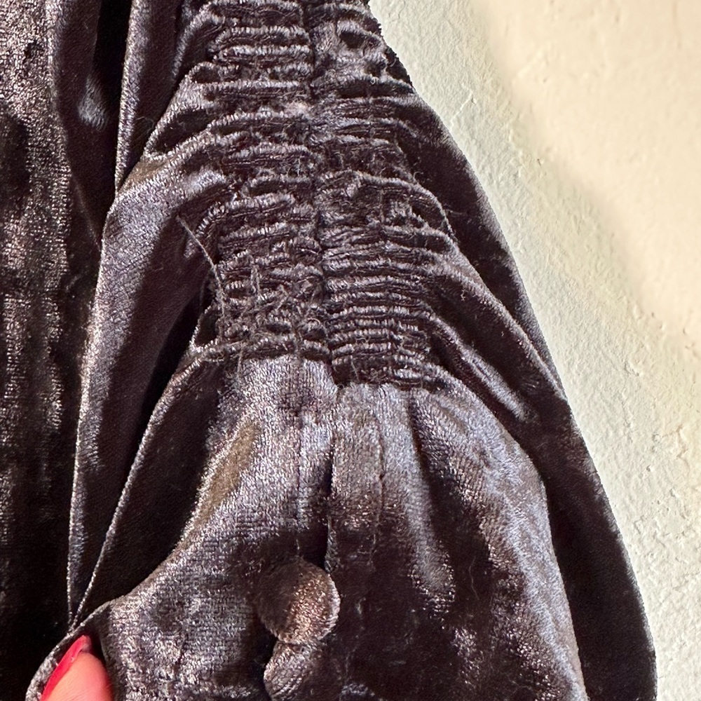 Crushed Black Velvet Vintage Tiered Maxi Dress with Rouched Sleeves Sz S - Picture 8 of 13